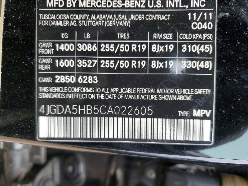 Aukcja sprzedaży 2012 Mercedes-benz Ml, vin: 4JGDA5HB5CA022605, numer aukcji: 52346086