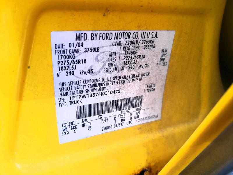 52088326 :رقم المزاد ، 1FTPW14574KC10422 vin ، 2004 Ford F150 مزاد بيع
