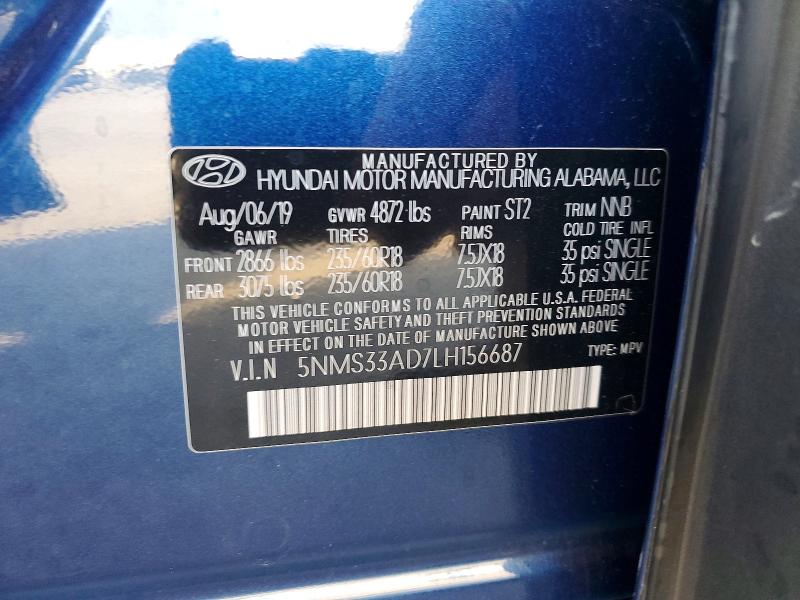 2020 Hyundai Santa Fe მანქანა იყიდება აუქციონზე, vin: 5NMS33AD7LH156687, აუქციონის ნომერი: 53398296