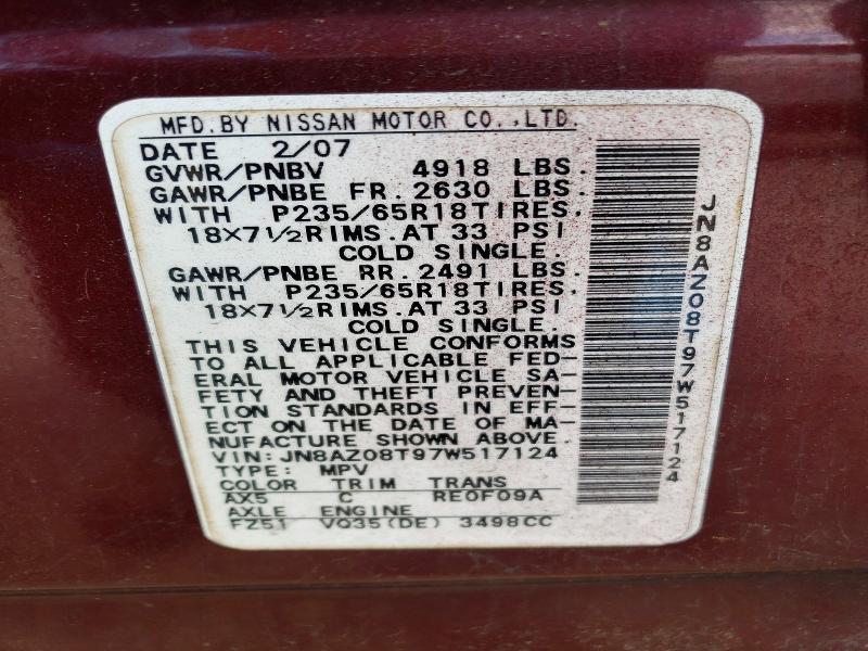 Продаж на аукціоні авто 2007 Nissan Murano, vin: JN8AZ08T97W517124, номер лоту: 53892156