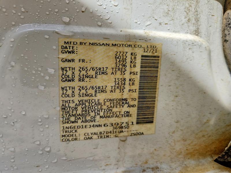 2022 Nissan Frontier მანქანა იყიდება აუქციონზე, vin: 1N6ED1EJ4NN639751, აუქციონის ნომერი: 54903236