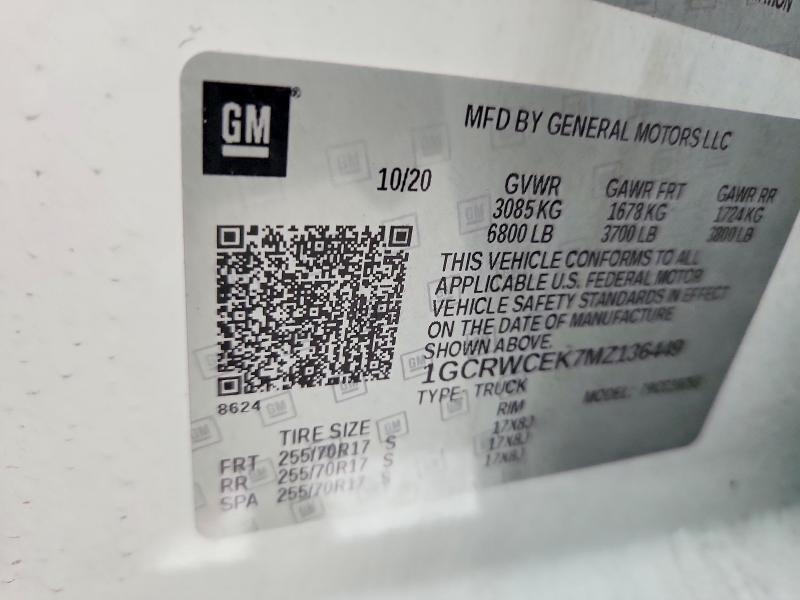 Продажа на аукционе авто 2021 Chevrolet Silverado, vin: 1GCRWCEK7MZ136449, номер лота: 53758106