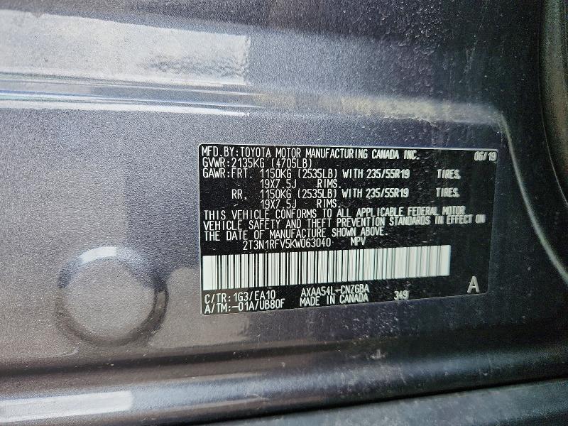 Aukcja sprzedaży 2019 Toyota Rav4, vin: 2T3N1RFV5KW063040, numer aukcji: 52927846