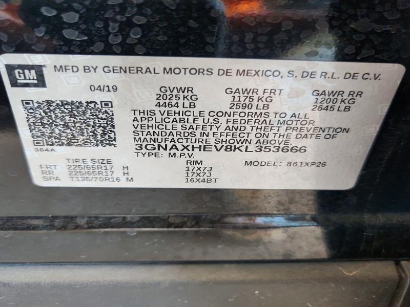 2019 Chevrolet Equinox მანქანა იყიდება აუქციონზე, vin: 3GNAXHEV8KL353666, აუქციონის ნომერი: 53292406
