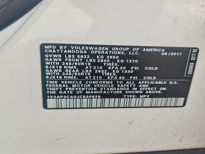 2018 Volkswagen Atlas მანქანა იყიდება აუქციონზე, vin: 1V2AP2CA0JC530628, აუქციონის ნომერი: 53958716