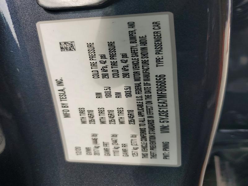 Aukcja sprzedaży 2021 Tesla Model 3, vin: 5YJ3E1EA7MF866856, numer aukcji: 51912496