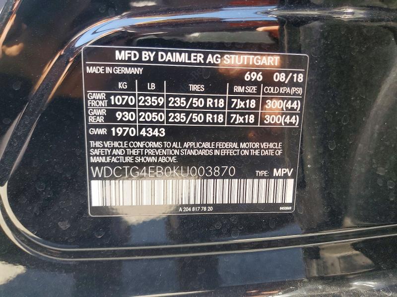 53201556 :رقم المزاد ، WDCTG4EB0KU003870 vin ، 2019 Mercedes-benz Gla مزاد بيع