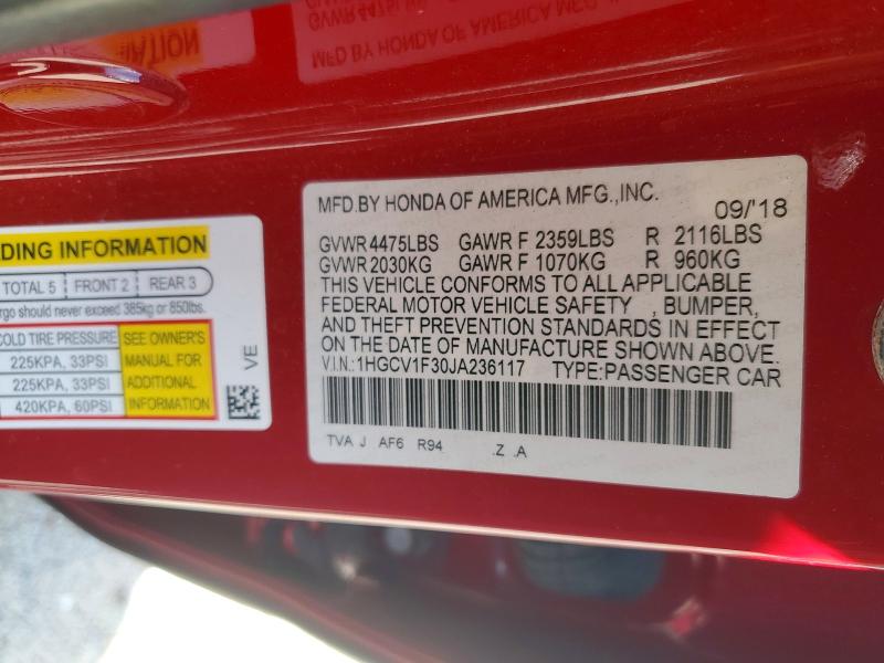 2018 Honda Accord მანქანა იყიდება აუქციონზე, vin: 1HGCV1F30JA236117, აუქციონის ნომერი: 52843906