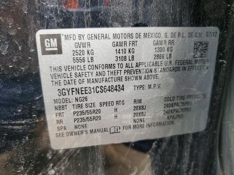 52038896 :رقم المزاد ، 3GYFNEE31CS648434 vin ، 2012 Cadillac Srx مزاد بيع
