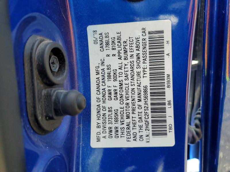 52819936 :رقم المزاد ، 2HGFC2F52JH569866 vin ، 2018 Honda Civic مزاد بيع