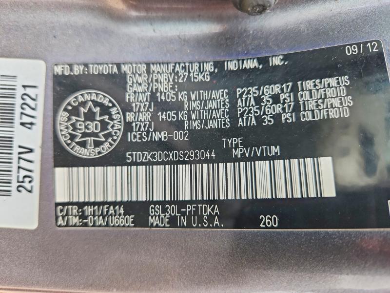 2013 Toyota Sienna მანქანა იყიდება აუქციონზე, vin: 5TDZK3DCXDS293044, აუქციონის ნომერი: 51074966