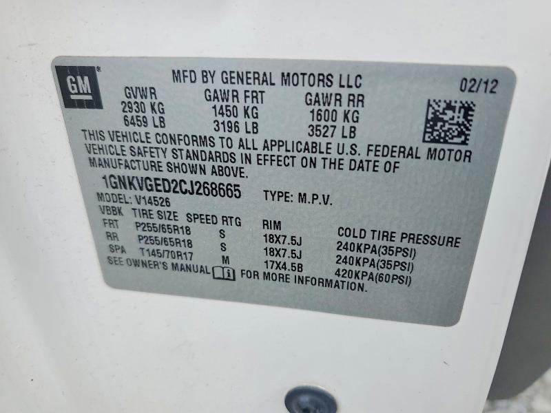 Aukcja sprzedaży 2012 Chevrolet Traverse, vin: 1GNKVGED2CJ268665, numer aukcji: 52740256