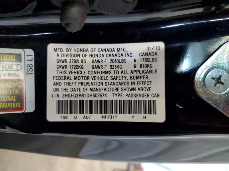 Продаж на аукціоні авто 2013 Honda Civic, vin: 2HGFG3B81DH502674, номер лоту: 54154596
