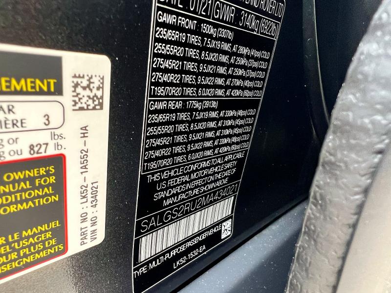 2021 Land Rover Range Rover მანქანა იყიდება აუქციონზე, vin: SALGS2RU2MA434021, აუქციონის ნომერი: 55097736