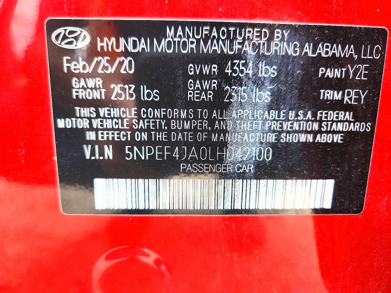 52427136 :رقم المزاد ، 5NPEF4JA0LH042100 vin ، 2020 Hyundai Sonata مزاد بيع