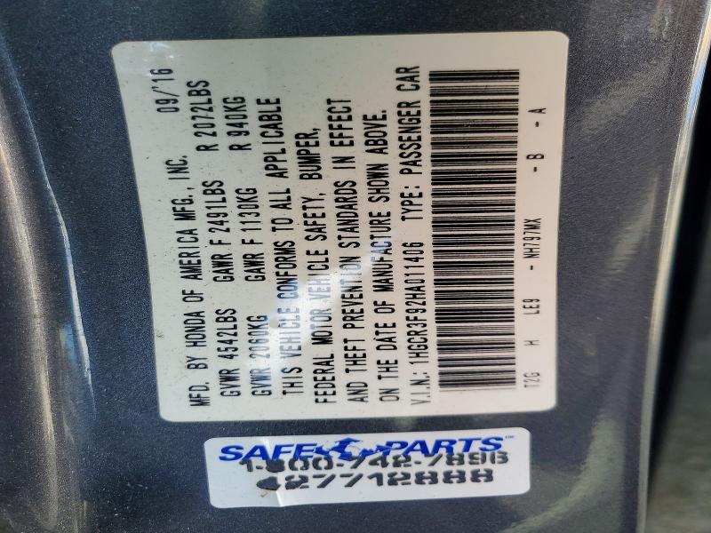 Продажа на аукционе авто 2017 Honda Accord, vin: 1HGCR3F92HA011406, номер лота: 55038596