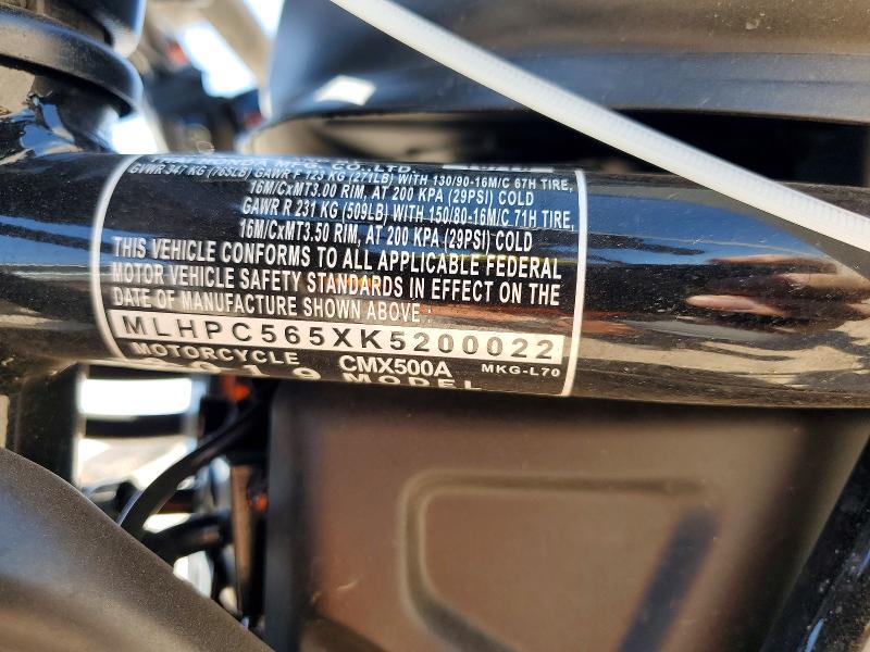 54717586 :رقم المزاد ، MLHPC565XK5200022 vin ، 2019 Honda Cmx500 مزاد بيع