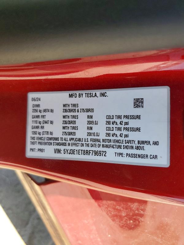 Продажа на аукционе авто 2024 Tesla Model 3, vin: 5YJ3E1ET8RF796972, номер лота: 53768926