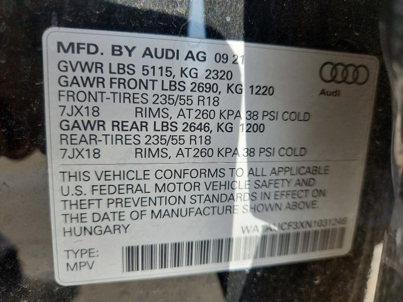 54284366 :رقم المزاد ، WA1AUCF3XN1031246 vin ، 2022 Audi Q3 مزاد بيع