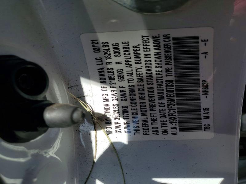 2021 Honda Civic მანქანა იყიდება აუქციონზე, vin: 19XFC1F36ME007038, აუქციონის ნომერი: 52695936