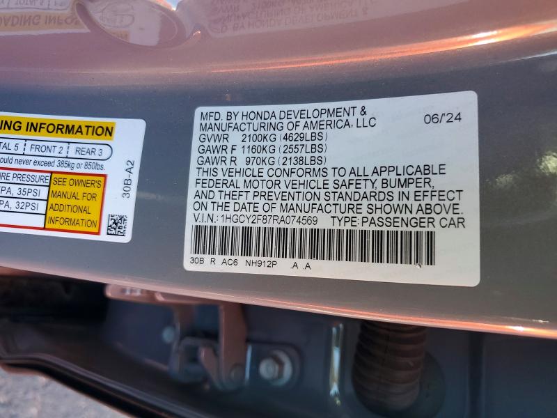 52853826 :رقم المزاد ، 1HGCY2F87RA074569 vin ، 2024 Honda Accord مزاد بيع