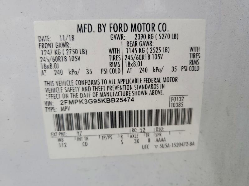 2019 Ford Edge მანქანა იყიდება აუქციონზე, vin: 2FMPK3G95KBB25474, აუქციონის ნომერი: 52918216
