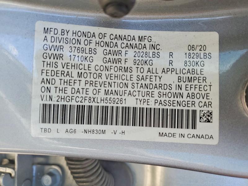 52091886 :رقم المزاد ، 2HGFC2F8XLH559261 vin ، 2020 Honda Civic مزاد بيع