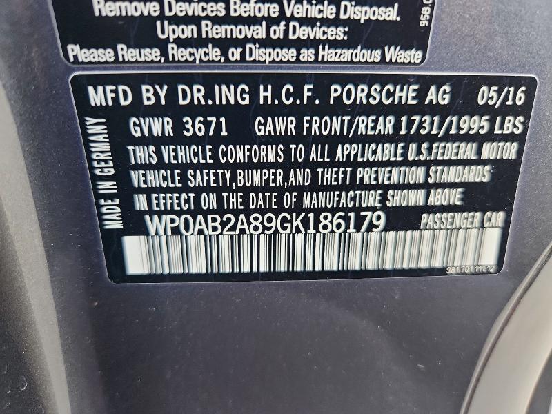 53835586 :رقم المزاد ، WP0AB2A89GK186179 vin ، 2016 Porsche Cayman مزاد بيع