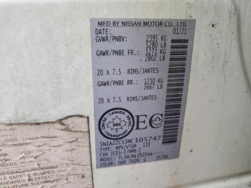 Продажа на аукционе авто 2021 Nissan Murano, vin: 5N1AZ2CS3MC105747, номер лота: 52239976