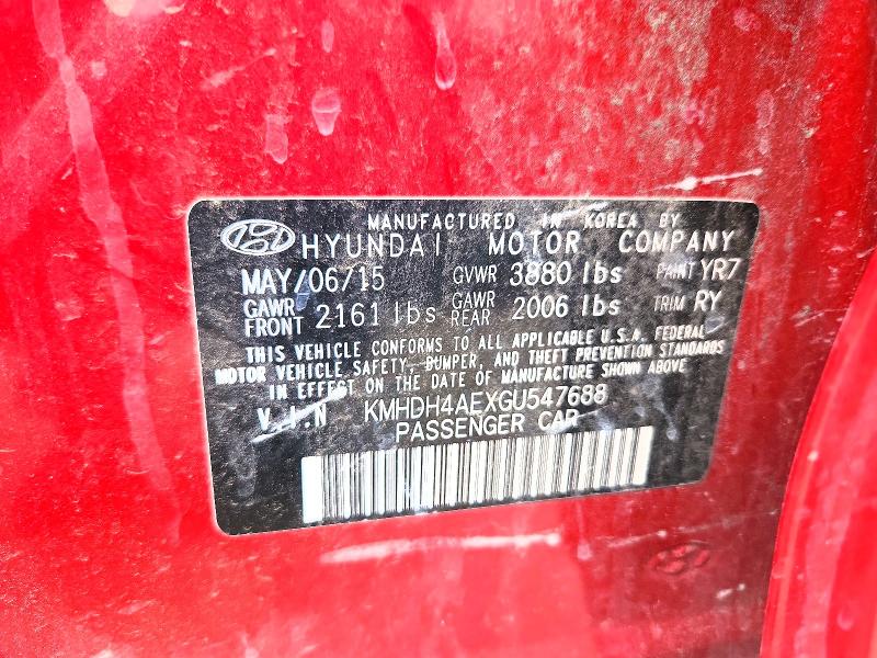 2016 Hyundai Elantra მანქანა იყიდება აუქციონზე, vin: KMHDH4AEXGU547688, აუქციონის ნომერი: 53811256