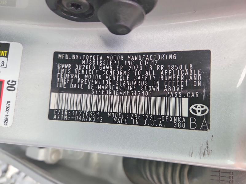 2017 Toyota Corolla მანქანა იყიდება აუქციონზე, vin: 5YFBURHE4HP643101, აუქციონის ნომერი: 55137746