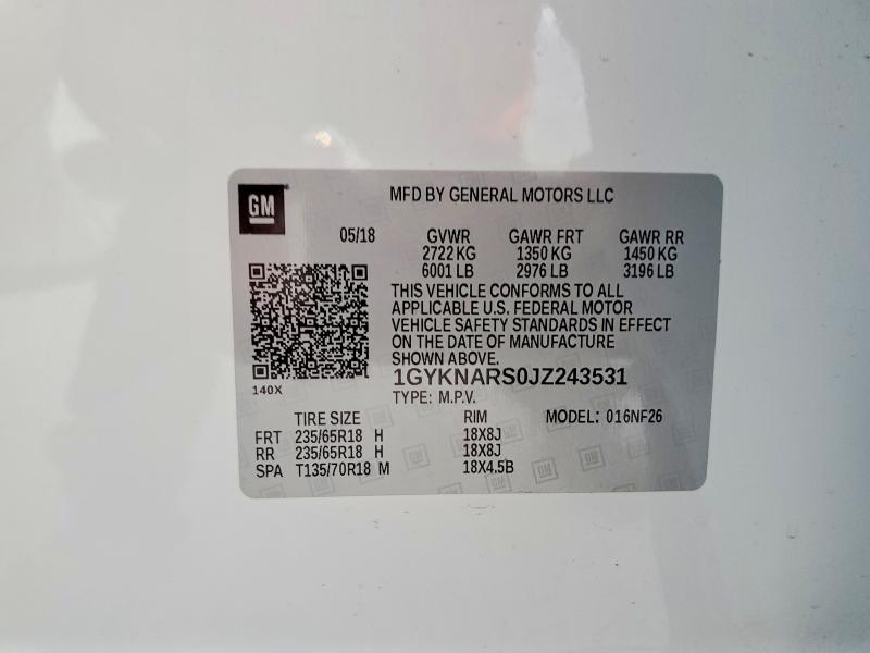 53790376 :رقم المزاد ، 1GYKNARS0JZ243531 vin ، 2018 Cadillac Xt5 مزاد بيع