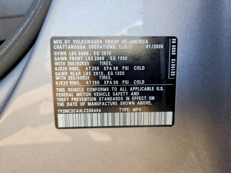 54183986 :رقم المزاد ، 1V2MC2CA3LC205404 vin ، 2020 Volkswagen Atlas Cross Sport مزاد بيع