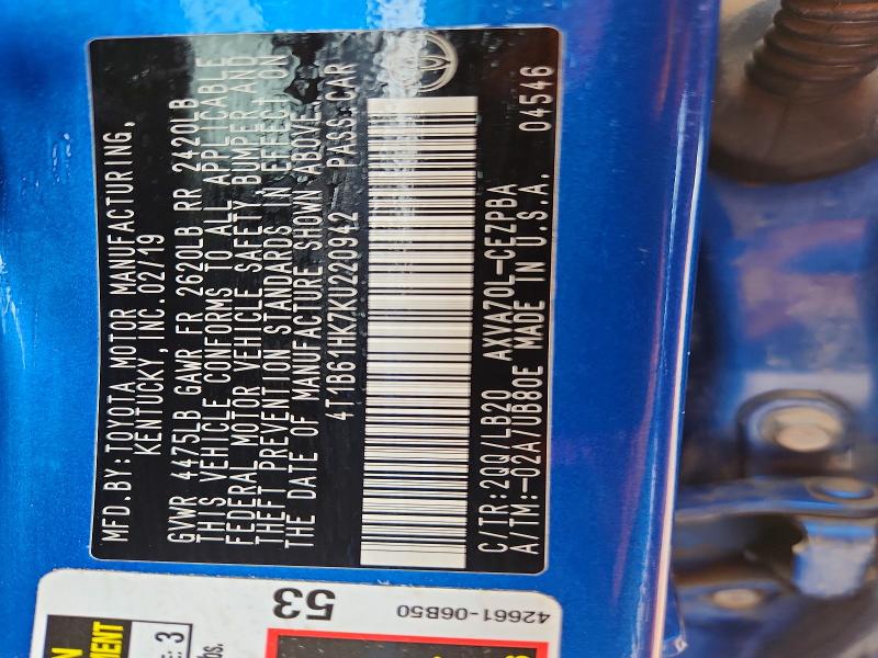 53590546 :رقم المزاد ، 4T1B61HK7KU220942 vin ، 2019 Toyota Camry مزاد بيع