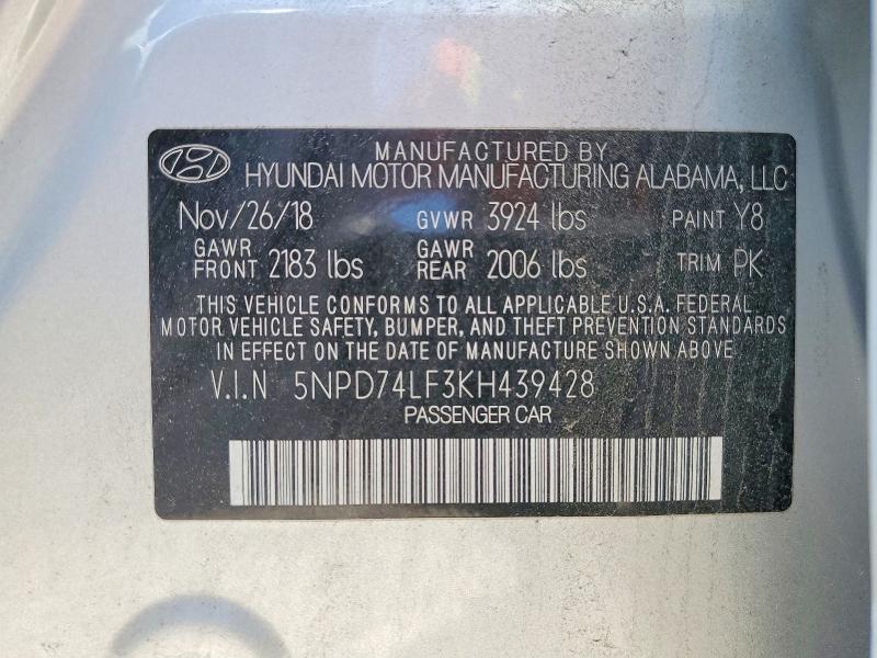 Продаж на аукціоні авто 2019 Hyundai Elantra, vin: 5NPD74LF3KH439428, номер лоту: 52298056