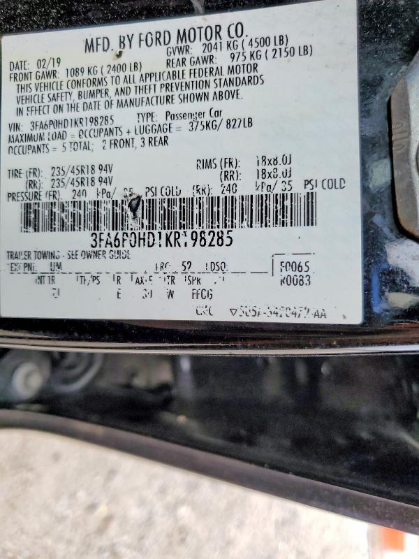Продажа на аукционе авто 2019 Ford Fusion, vin: 3FA6P0HD1KR198285, номер лота: 54078036