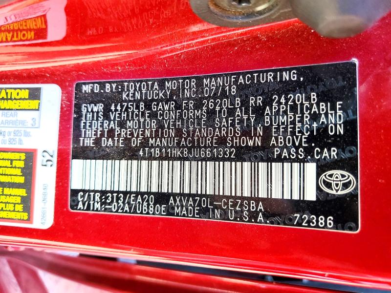 Продаж на аукціоні авто 2018 Toyota Camry, vin: 4T1B11HK8JU661332, номер лоту: 52849806