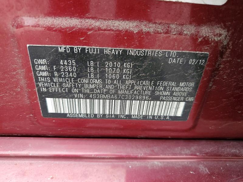 Aukcja sprzedaży 2012 Subaru Legacy, vin: 4S3BMBA67C3029896, numer aukcji: 54701236