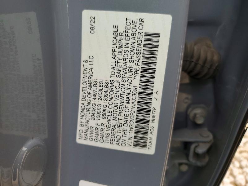 54082446 :رقم المزاد ، 1HGCV3F21NA033598 vin ، 2022 Honda Accord مزاد بيع