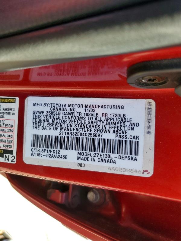 55046566 :رقم المزاد ، 2T1BR32E84C256097 vin ، 2004 Toyota Corolla مزاد بيع