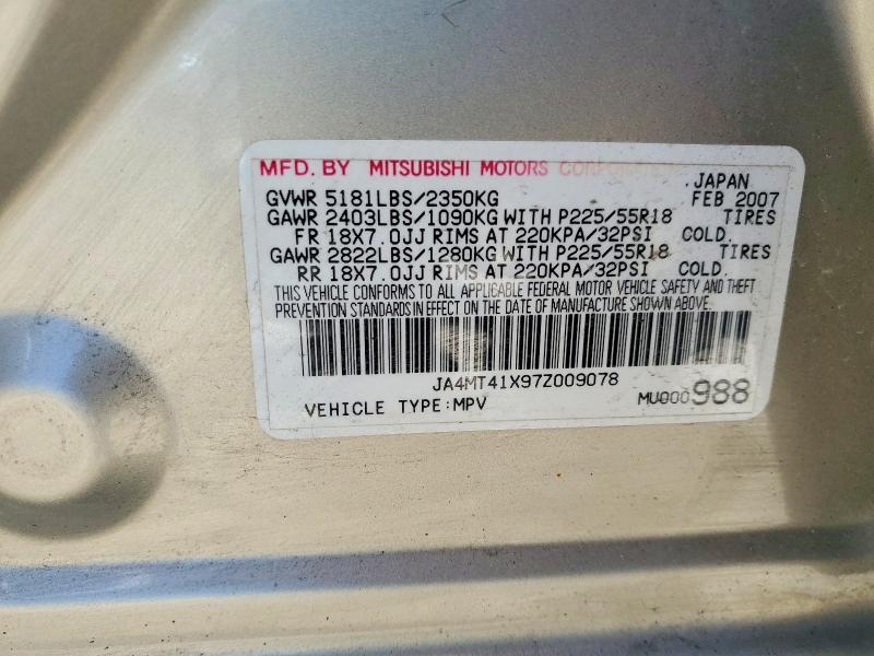 2007 Mitsubishi Outlander მანქანა იყიდება აუქციონზე, vin: JA4MT41X97Z009078, აუქციონის ნომერი: 54481316