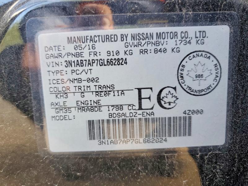 Aukcja sprzedaży 2016 Nissan Sentra 1.8 Sv 4dr, vin: 3N1AB7AP7GL662824, numer aukcji: 51459496