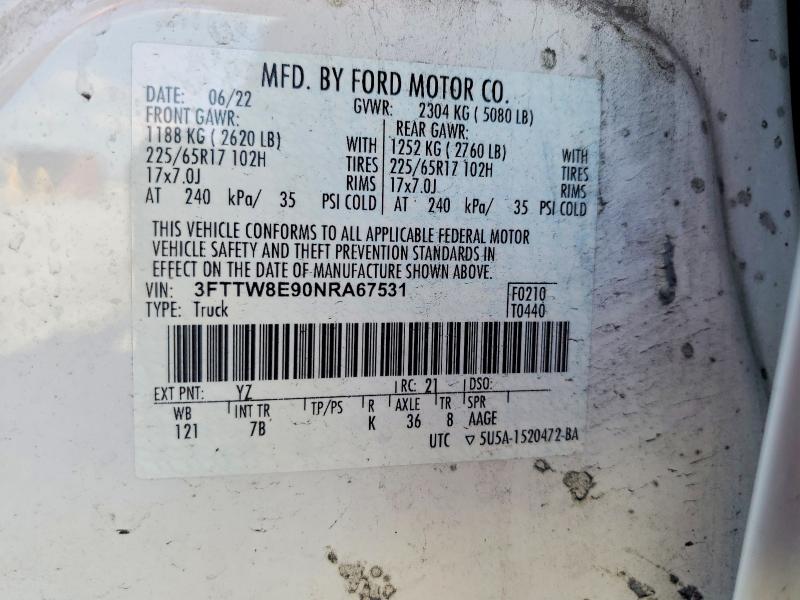53523626 :رقم المزاد ، 3FTTW8E90NRA67531 vin ، 2022 Ford Maverick مزاد بيع
