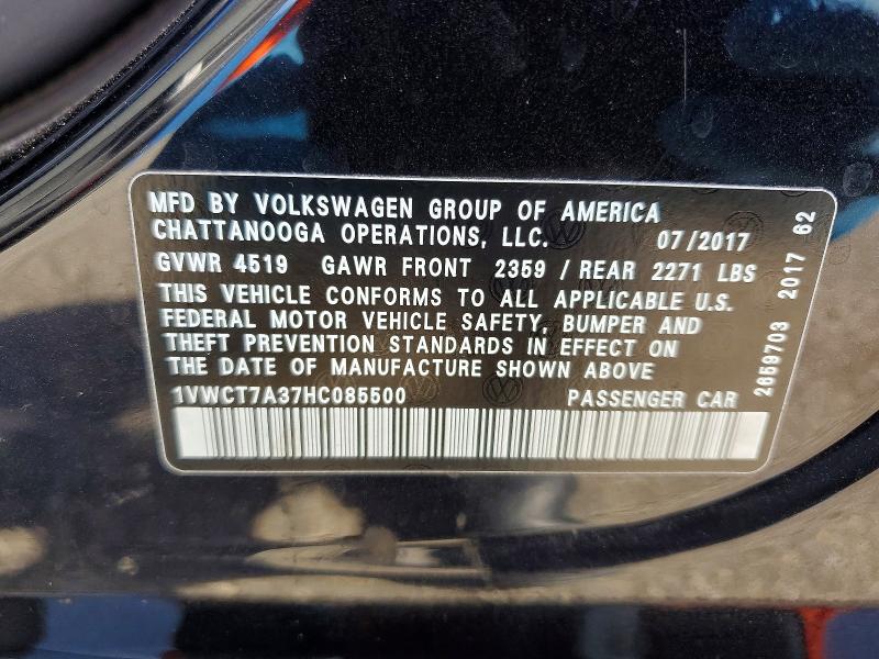 Aukcja sprzedaży 2017 Volkswagen Passat, vin: 1VWCT7A37HC085500, numer aukcji: 52145866