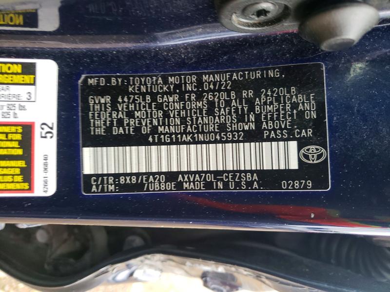 51504706 :رقم المزاد ، 4T1G11AK1NU045932 vin ، 2022 Toyota Camry مزاد بيع