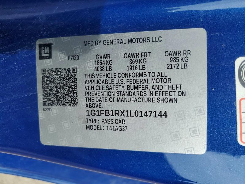 51524406 :رقم المزاد ، 1G1FB1RX1L0147144 vin ، 2020 Chevrolet Camaro مزاد بيع