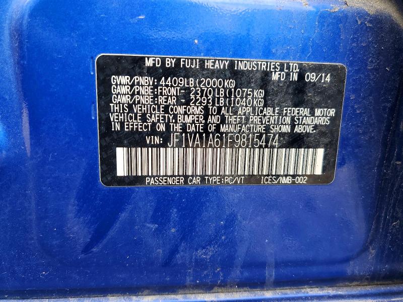 Aukcja sprzedaży 2015 Subaru Wrx, vin: JF1VA1A61F9815474, numer aukcji: 53528936