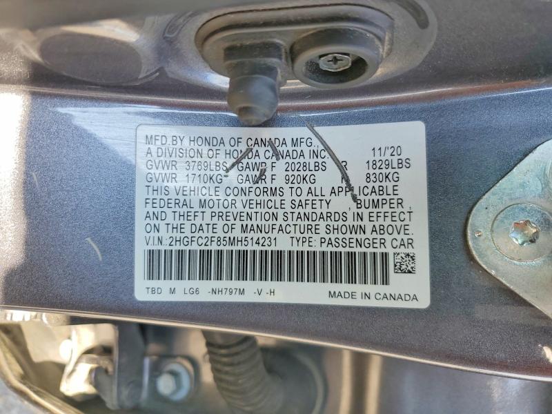 Продажа на аукционе авто 2021 Honda Civic, vin: 2HGFC2F85MH514231, номер лота: 52515796