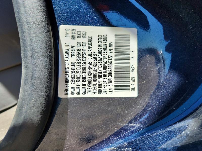 52743286 :رقم المزاد ، 5FNRL3H42AB047122 vin ، 2010 Honda Odyssey مزاد بيع