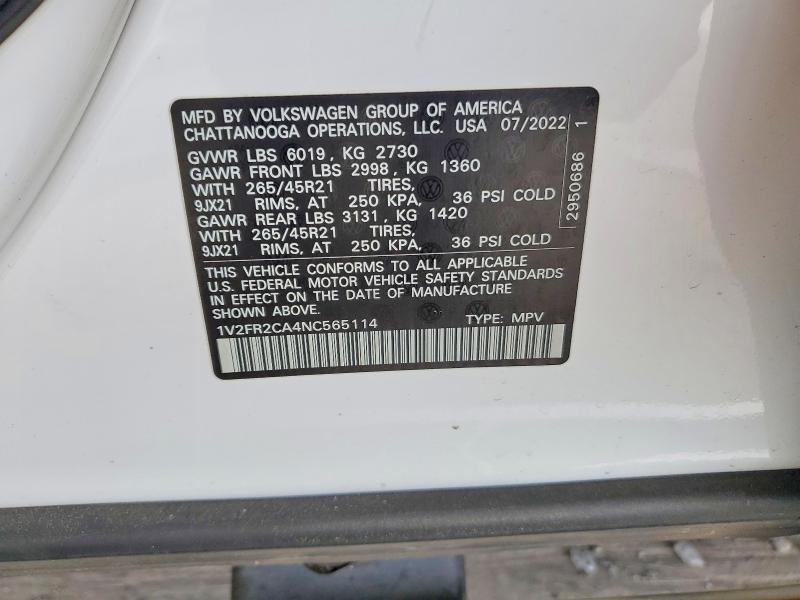 Продажа на аукционе авто 2022 Volkswagen Atlas, vin: 1V2FR2CA4NC565114, номер лота: 54654996